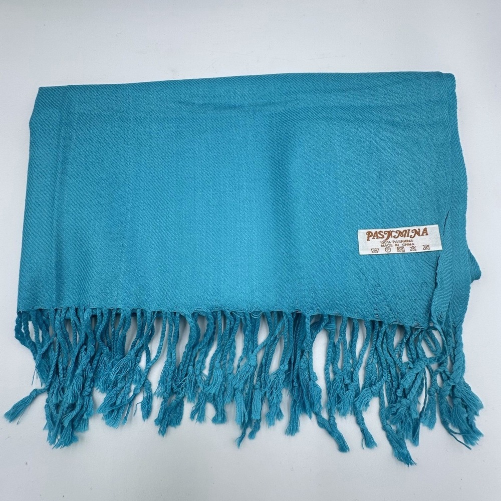 100% Pashmina Teal Blue Scarf Shawl Wrap Knotted Fringe Solid Coastal Resort